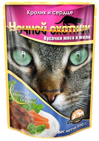Ночной охотник\для взрослых кошек\влаж\пауч\ЖелеКроликСердце\100гр\24\06778