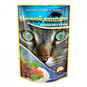 Ночной охотник\для взрослых кошек\влаж\пауч\ЖелеЛососьСудакТунец\100гр\24\06730
