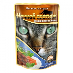 Ночной охотник\для взрослых кошек\влаж\пауч\ЖелеМясноеАссортиКусочки\100гр\24\06785